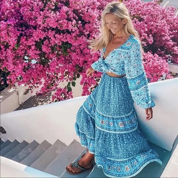 Boho floral gypsy skirt print maxi long blue - Picture 2 of 14